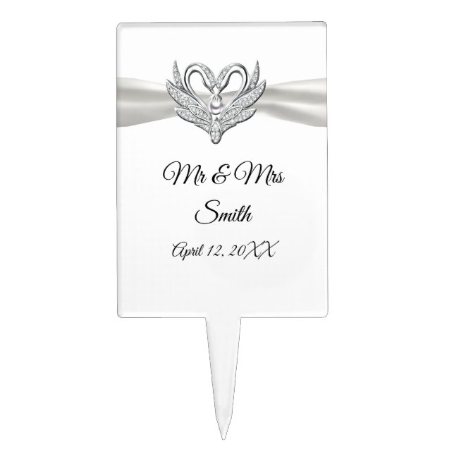 White Ribbon Silver Swans Wedding Cake Topper (Front)