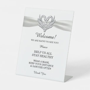 White Ribbon Silver Swans Wedding Safety Pedestal Sign