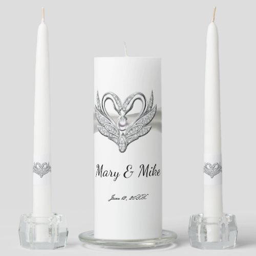 White Ribbon Silver Swans Wedding Unity Candle Set