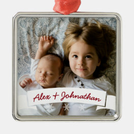 White Ribbon Snowflakes Custom Name Family Photo Metal Ornament