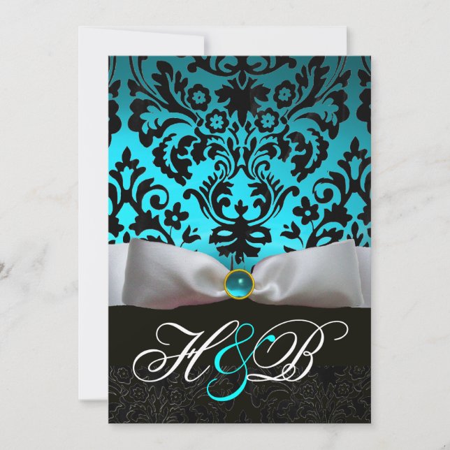 WHITE RIBBON TEAL AQUA BLUE BLACK DAMASK MONOGRAM INVITATION (Front)