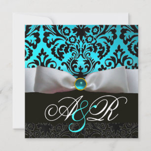 WHITE RIBBON TEAL AQUA BLUE BLACK  DAMASK MONOGRAM INVITATION