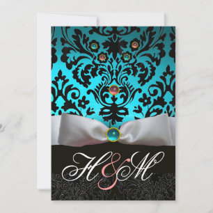 WHITE RIBBON TEAL PINK BLUE BLACK DAMASK MONOGRAM INVITATION