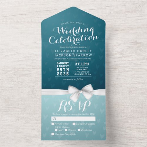 White Ribbon Turquoise Blue Green Wedding RSVP All In One Invitation