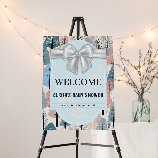 White Ribbon Winter Forest Snowflakes Baby Shower Foam Board (In Situ (Stand))