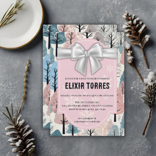 White Ribbon Winter Forest Snowflakes Baby Shower Invitation