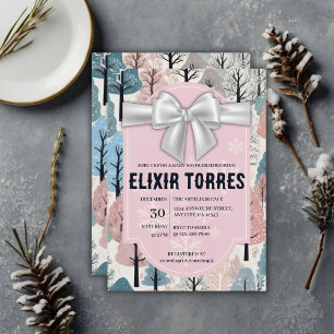 White Ribbon Winter Forest Snowflakes Baby Shower Invitation