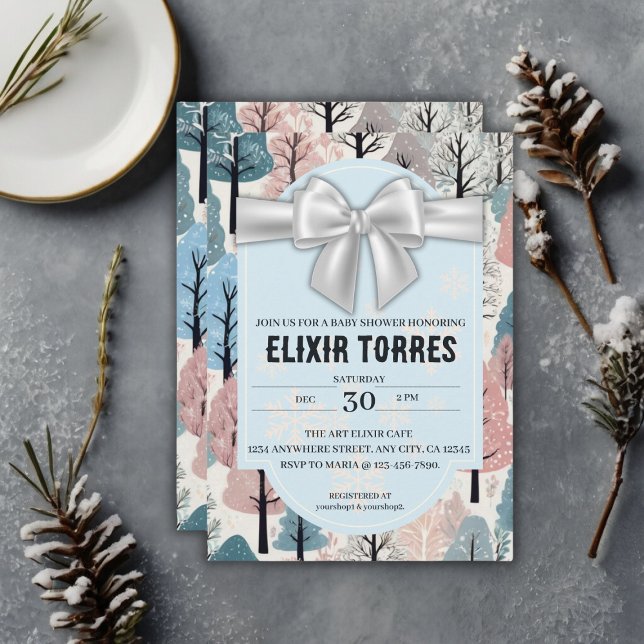 White Ribbon Winter Forest Snowflakes Baby Shower Invitation (Creator Uploaded)