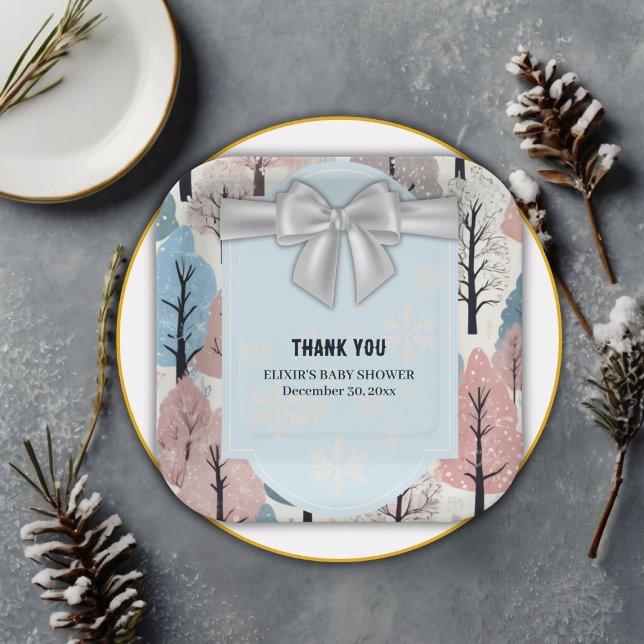 White Ribbon Winter Forest Snowflakes Baby Shower Paper Plates (Creator Uploaded)