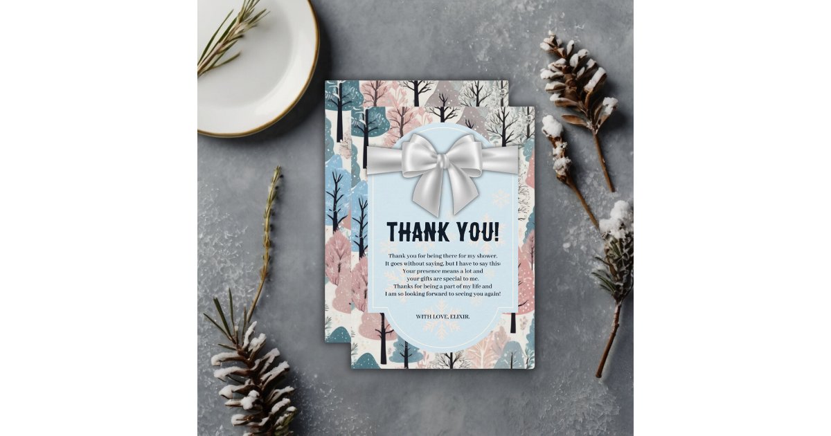 White Ribbon Winter Forest Snowflakes Baby Shower Thank You Card | Zazzle