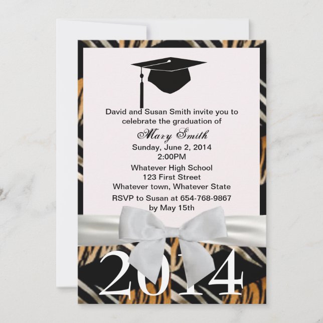 White Ribbon Zebra And Tiger Graduation Invitation (Front)