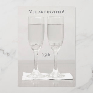 White Rings Silver 25th Wedding Anniversary Foil Invitation