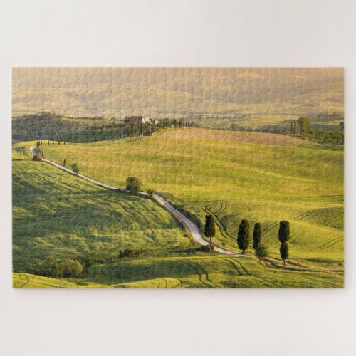 White road in a Tuscany landscape at sunrise Jigsaw Puzzle