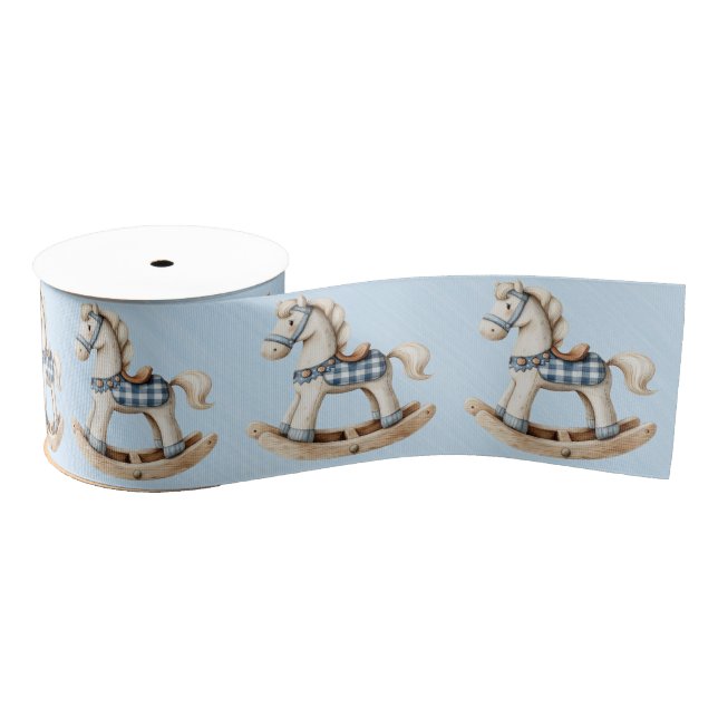 White Rocking Horse Blue Checkered Saddle  Grosgrain Ribbon (Spool)