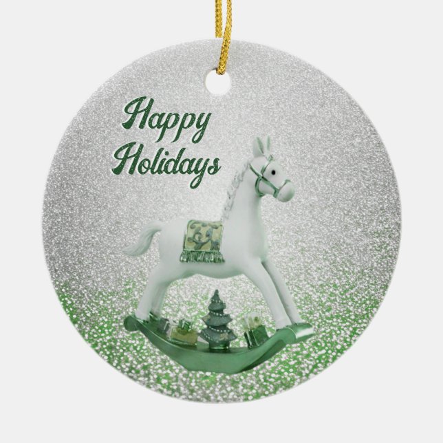 White Rocking Horse Green Christmas Holiday Ceramic Ornament (Front)
