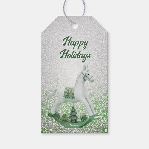 White Rocking Horse Green Christmas Holiday Gift Tags