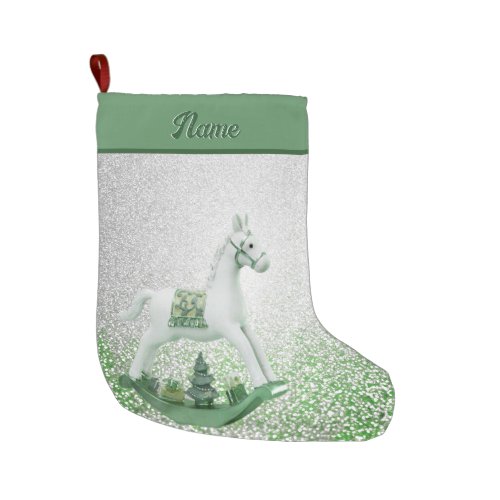 White Rocking Horse Green Christmas Holiday Large Christmas Stocking