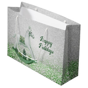 White Rocking Horse Green Christmas Holiday Large Gift Bag