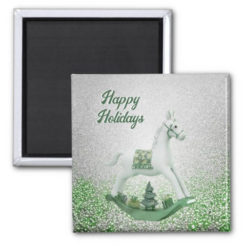 White Rocking Horse Green Christmas Holiday Magnet