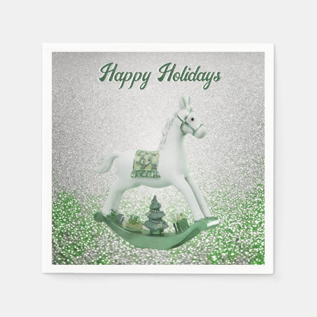 White Rocking Horse Green Christmas Holiday Paper Napkins (Front)