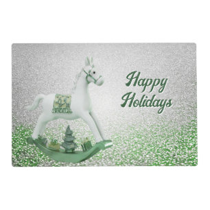 White Rocking Horse Green Christmas Holiday Paper Placemat