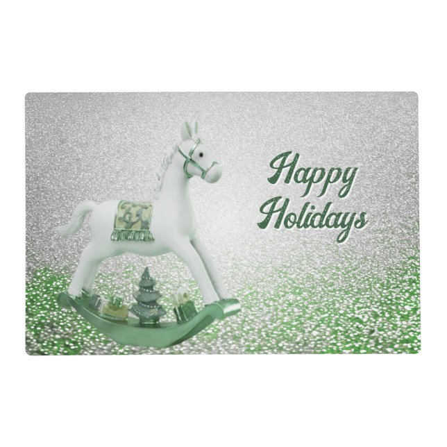White Rocking Horse Green Christmas Holiday Paper Placemat (Back)