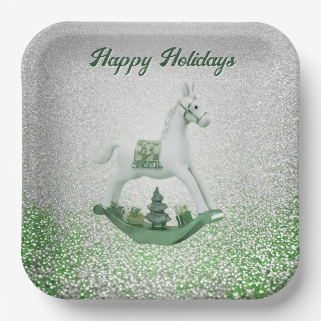 White Rocking Horse Green Christmas Holiday Paper Plates (Front)