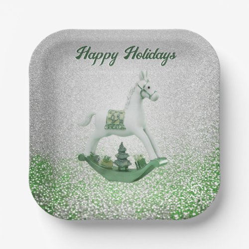 White Rocking Horse Green Christmas Holiday Paper Plates