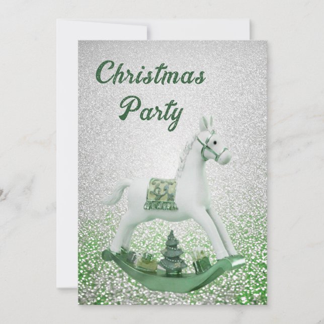 White Rocking Horse Green Christmas Holiday Party Invitation (Front)