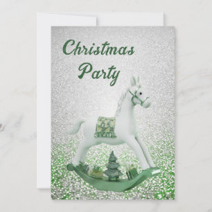 White Rocking Horse Green Christmas Holiday Party Invitation