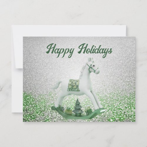 White Rocking Horse Green Christmas Holiday Postcard