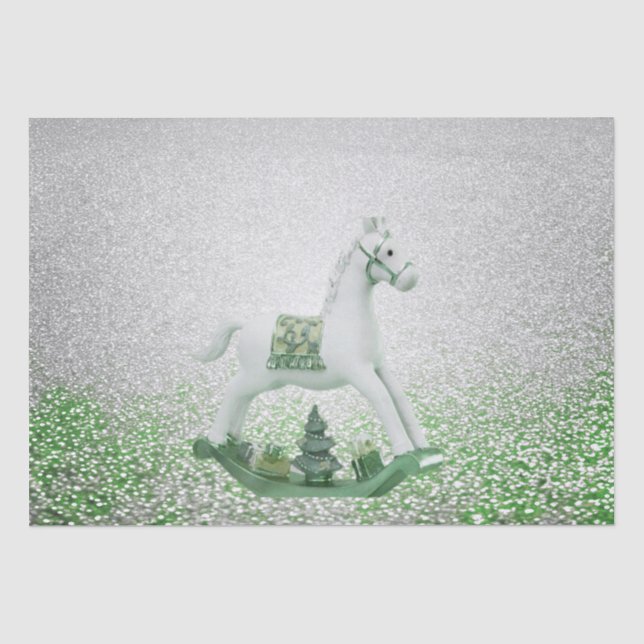 White Rocking Horse Green Christmas Holiday Tissue Paper (Front)