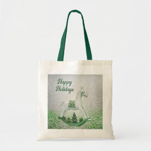 White Rocking Horse Green Christmas Holiday Tote Bag