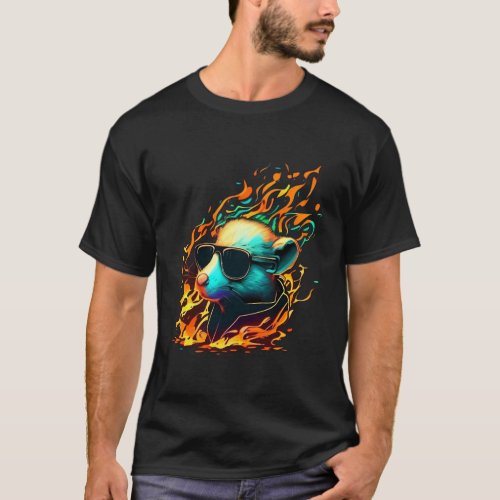 White RockN Roll Rat With Sunglasses On Fire T_Shirt