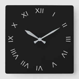 White Roman Numbers On Black wct Square Wall Clock