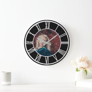 White Roman Numeral Border Black Add Photo Round Large Clock
