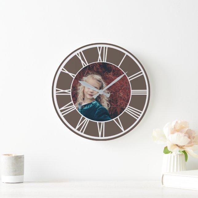 White Roman Numeral Border Dusty Brown Add Photo Large Clock (Home)