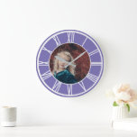 White Roman Numeral Border Lt Purple Photo Round Large Clock