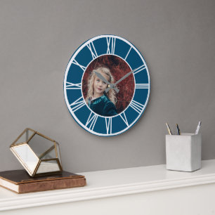 White Roman Numeral Border Ocean Blue RD Add Photo Large Clock