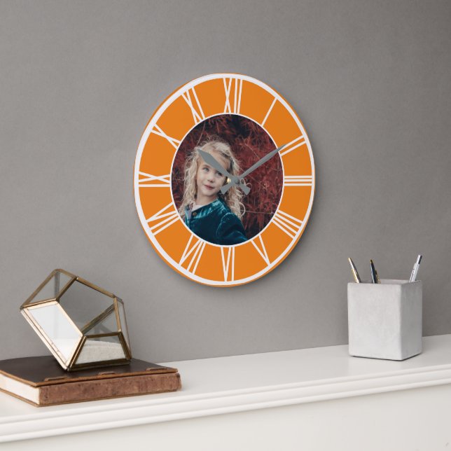 White Roman Numeral Border Orange Add Photo Round Large Clock (Office)