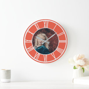 White Roman Numeral Border Orange Red Photo Round Large Clock