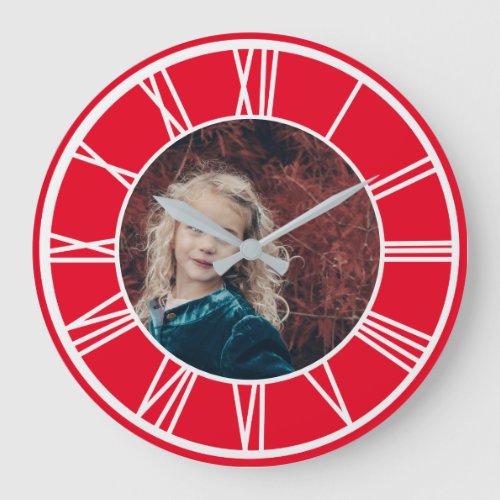 White Roman Numeral Border Red Add Photo Round Large Clock