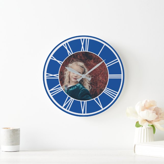White Roman Numeral Deep Blue Add Photo Round Large Clock (Home)