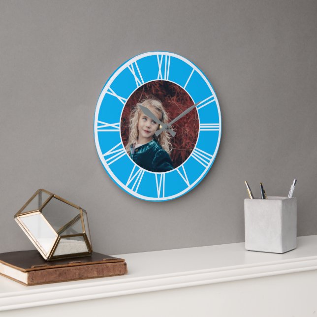 White Roman Numeral Sky Blue Add Photo Round Large Clock (Office)