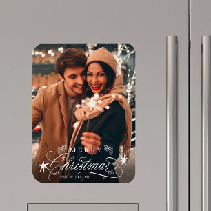 White Romantic Calligraphy Merry Christmas Photo Magnet