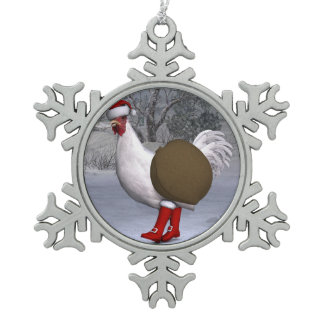 White Rooster Santa Claus Snowflake Pewter Christmas Ornament