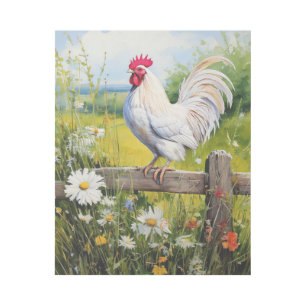 White Rooster Standing on Fence and Daisies Gallery Wrap