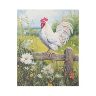 White Rooster Standing on Fence and Daisies Gallery Wrap
