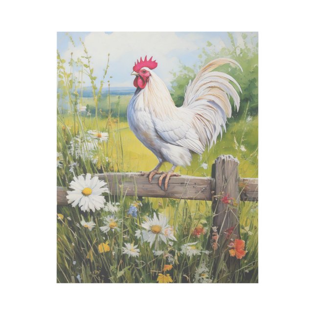 White Rooster Standing on Fence and Daisies Gallery Wrap (Front)