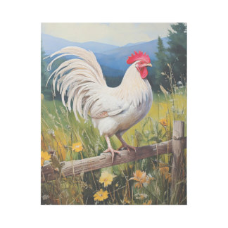 White Rooster Standing on Fence in Meadow Gallery Wrap